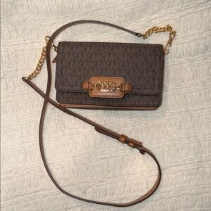 Michael Kors Brown Monogram Wallet Crossbody w/ Gold Chain Strap